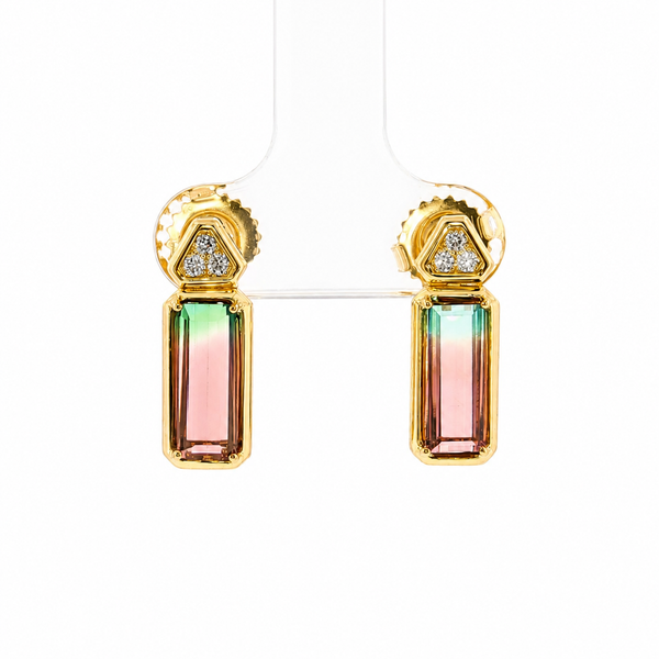 14K Yellow Gold Watermelon Tourmaline Diamond Drop Earrings Bradley's Jewelers Jacksonville, NC
