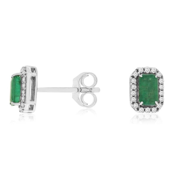 14K White Gold Emerald Cut Emerald & Diamond Halo Stud Earrings - 0.67 CTW Bradley's Jewelers Jacksonville, NC