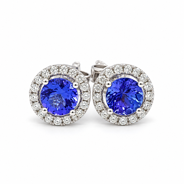 14K White Gold Tanzanite & Diamond Halo Stud Earrings - 0.89 CTW Bradley's Jewelers Jacksonville, NC