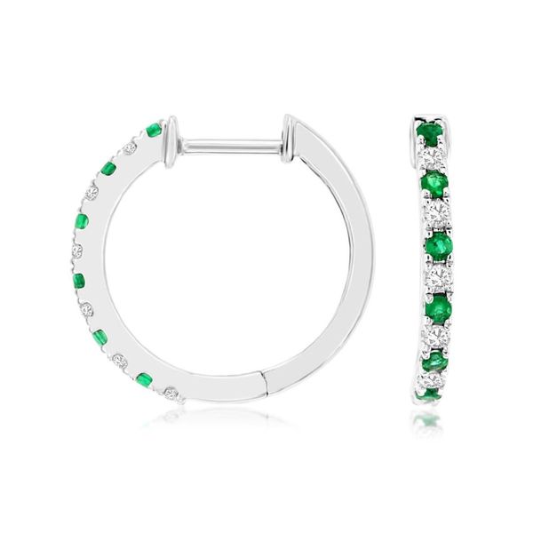 14K White Gold Emerald & Diamond Small Hoop Earrings - 0.27 CTW Bradley's Jewelers Jacksonville, NC