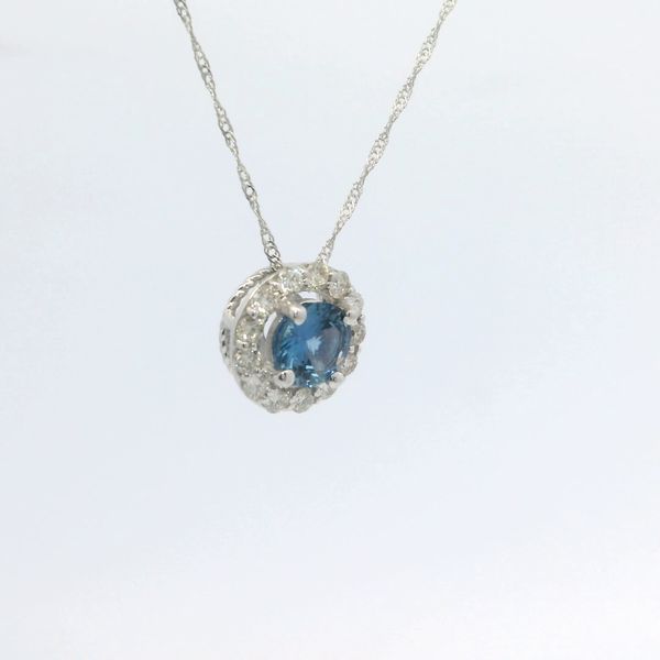 White 14K Gold Yogo Sapphire & Diamond Halo Pendant 0.75Ctw Round Gemstones Image 2 Bradley's Jewelers Jacksonville, NC