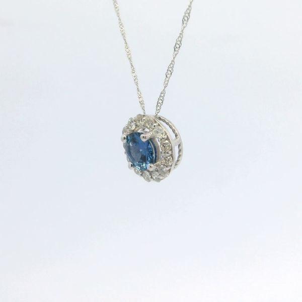 White 14K Gold Yogo Sapphire & Diamond Halo Pendant 0.75Ctw Round Gemstones Image 3 Bradley's Jewelers Jacksonville, NC