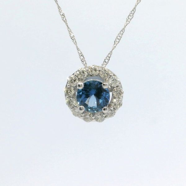 White 14K Gold Yogo Sapphire & Diamond Halo Pendant 0.75Ctw Round Gemstones Bradley's Jewelers Jacksonville, NC