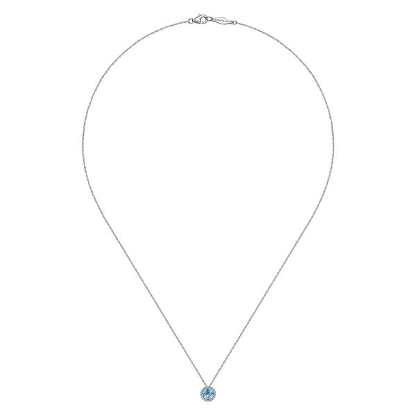 Gabriel & Co 14K White Gold Blue Topaz & Diamond Round Halo Pendant Image 2 Bradley's Jewelers Jacksonville, NC