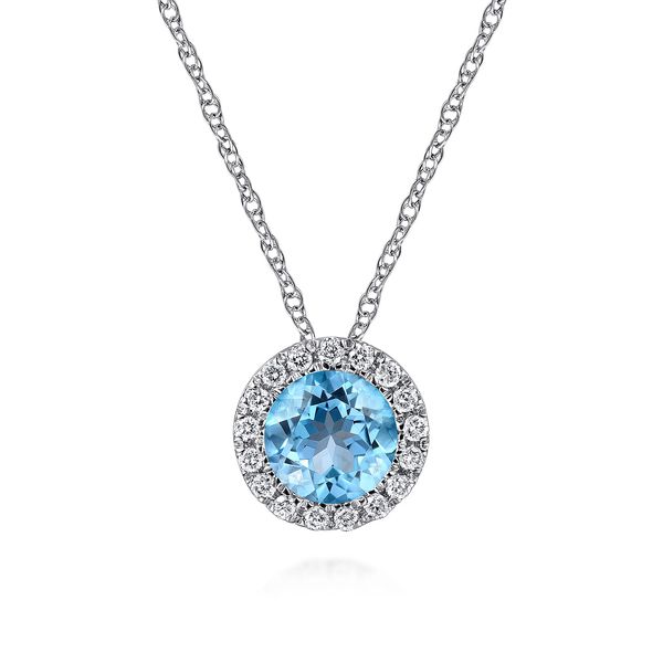 Gabriel & Co 14K White Gold Blue Topaz & Diamond Round Halo Pendant Bradley's Jewelers Jacksonville, NC