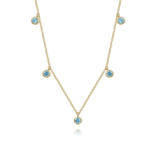 Gabriel & Co 14K Yellow Gold London Blue Topaz Station Necklace – Color Collection Bradley's Jewelers Jacksonville, NC