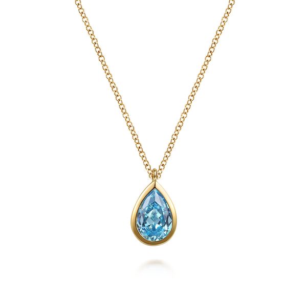 Gabriel & Co 14K Yellow Gold Blue Topaz Teardrop Pendant – Lusso Color Collection Bradley's Jewelers Jacksonville, NC