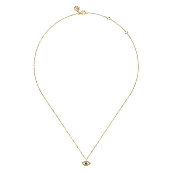 Gabriel & Co 14K Yellow Gold Diamond & Sapphire Evil-Eye Pendant – Color Collection Image 2 Bradley's Jewelers Jacksonville, NC