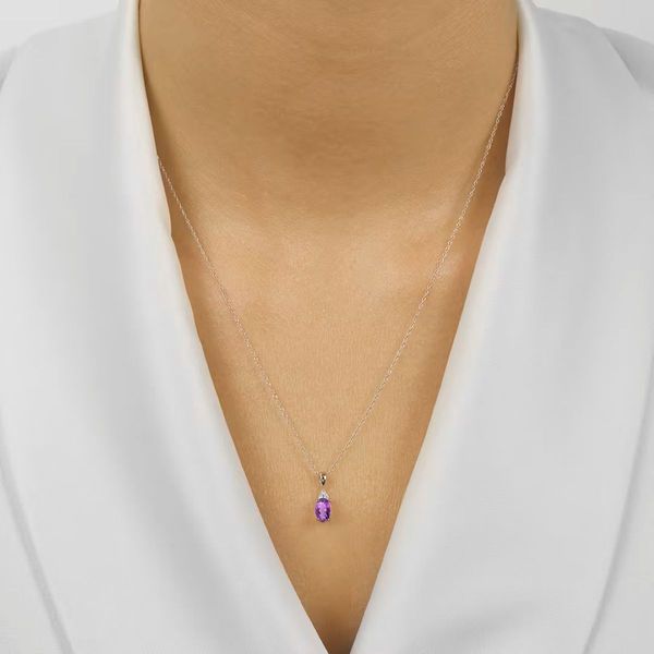 10K White Gold Amethyst & Diamond Oval Drop Pendant Image 2 Bradley's Jewelers Jacksonville, NC