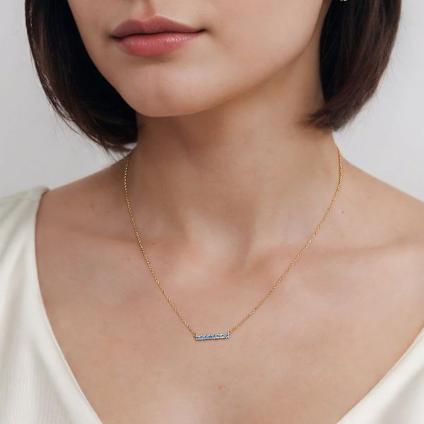 Gabriel & Co 14K Yellow Gold Blue Topaz Bar Necklace – Lusso Color Collection Image 4 Bradley's Jewelers Jacksonville, NC