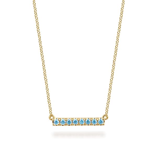 Gabriel & Co 14K Yellow Gold Blue Topaz Bar Necklace – Lusso Color Collection Bradley's Jewelers Jacksonville, NC