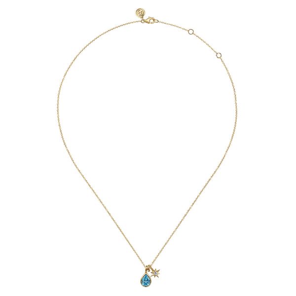 Gabriel & Co 14K Yellow Gold Blue Topaz & Diamond Drop Pendant – Lusso Color Collection Image 2 Bradley's Jewelers Jacksonville, NC