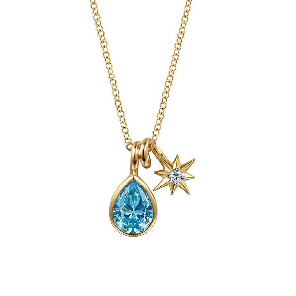 Gabriel & Co 14K Yellow Gold Blue Topaz & Diamond Drop Pendant – Lusso Color Collection Bradley's Jewelers Jacksonville, NC