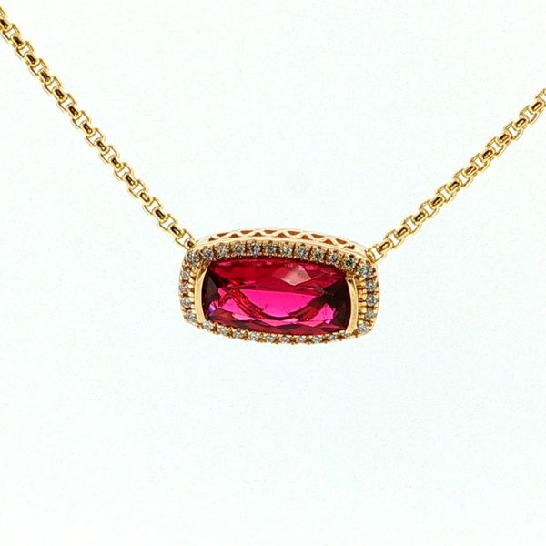 14K Yellow Gold East-West Rubellite Tourmaline Halo Necklace Bradley's Jewelers Jacksonville, NC