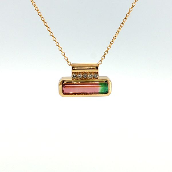 14K Yellow Gold Tourmaline Pendant | 1.99 CT Baguette Gemstone & Diamonds Bradley's Jewelers Jacksonville, NC