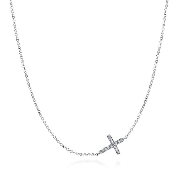 Gabriel & Co. Sterling Silver White Sapphire Sideways Cross Necklace Bradley's Jewelers Jacksonville, NC