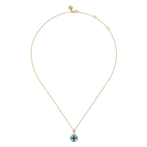 Gabriel & Co. Bujukan 14K Yellow Gold 4.95 CTW Swiss Blue Topaz Clover Pendant Necklace with Dusk Blue Enamel Image 3 Bradley's Jewelers Jacksonville, NC