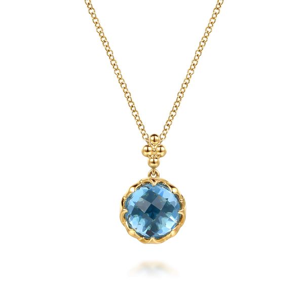 Gabriel & Co. Bujukan 14K Yellow Gold 4.95 CTW Swiss Blue Topaz Clover Pendant Necklace with Dusk Blue Enamel Bradley's Jewelers Jacksonville, NC