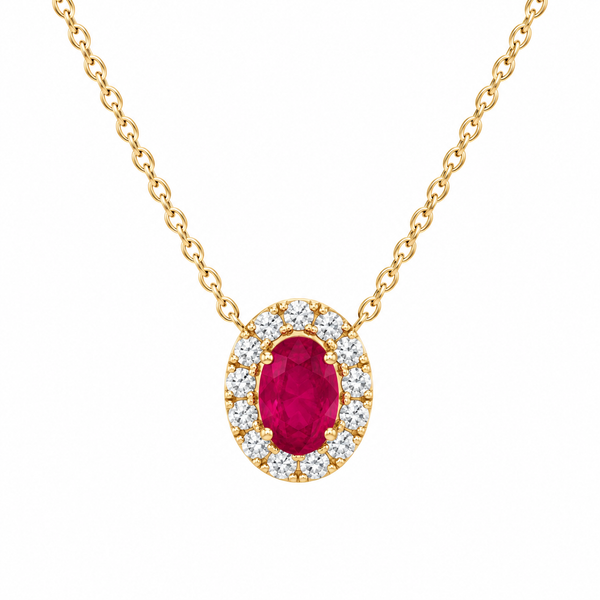 14K Yellow Gold Oval Ruby & Diamond Halo Pendant Bradley's Jewelers Jacksonville, NC