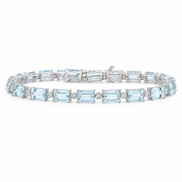 14K White Gold Emerald-Cut Aquamarine & Diamond Tennis Bracelet Bradley's Jewelers Jacksonville, NC
