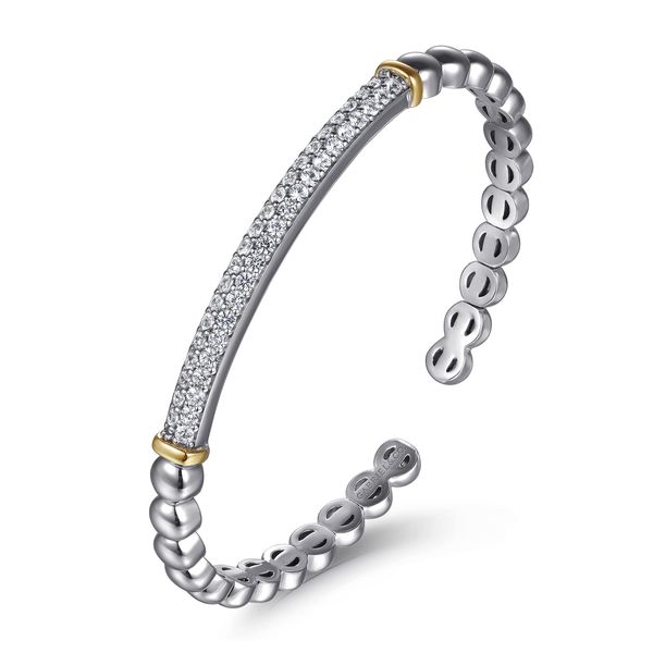 Gabriel & Co. Sterling Silver & 14K Yellow Gold Bujukan White Sapphire Open Bangle Bracelet Image 2 Bradley's Jewelers Jacksonville, NC