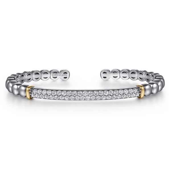 Gabriel & Co. Sterling Silver & 14K Yellow Gold Bujukan White Sapphire Open Bangle Bracelet Bradley's Jewelers Jacksonville, NC