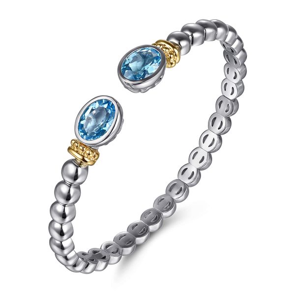 Gabriel & Co. Sterling Silver & 14K Yellow Gold Blue Topaz Open Bangle Bracelet Image 2 Bradley's Jewelers Jacksonville, NC