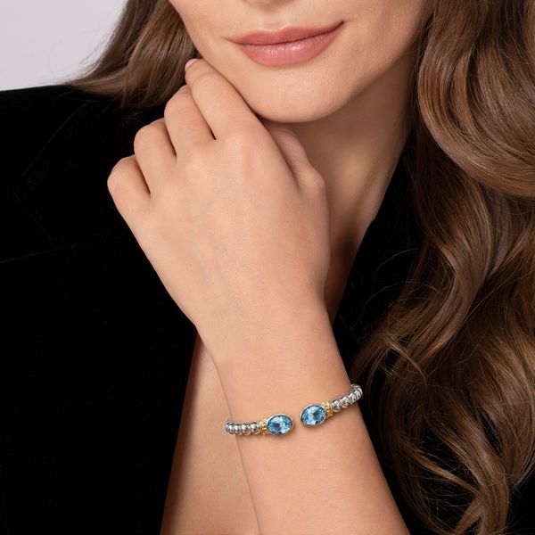 Gabriel & Co. Sterling Silver & 14K Yellow Gold Blue Topaz Open Bangle Bracelet Image 4 Bradley's Jewelers Jacksonville, NC