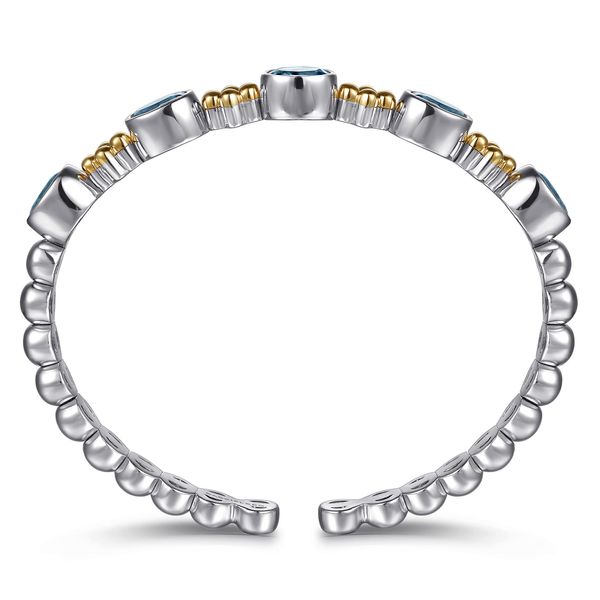 Gabriel & Co. Sterling Silver & 14K Yellow Gold Bujukan Blue Topaz Open Bangle Image 3 Bradley's Jewelers Jacksonville, NC