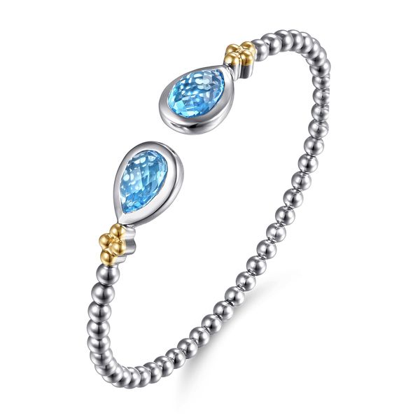 Gabriel & Co. 14K Yellow Gold & Sterling Silver Bujukan Pear Blue Topaz Bangle Image 2 Bradley's Jewelers Jacksonville, NC