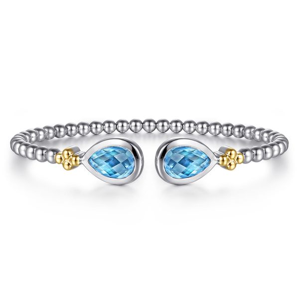 Gabriel & Co. 14K Yellow Gold & Sterling Silver Bujukan Pear Blue Topaz Bangle Bradley's Jewelers Jacksonville, NC