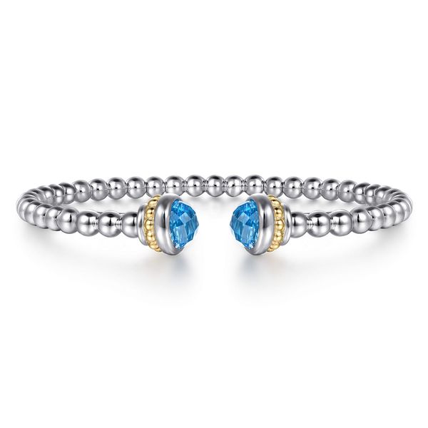 Gabriel & Co. 14K Yellow Gold & Sterling Silver Blue Topaz Bujukan Open Bangle Bradley's Jewelers Jacksonville, NC