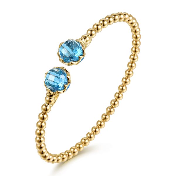 Gabriel & Co. 14K Yellow Gold Bujukan Swiss Blue Topaz Floral Split Bangle with Blue Enamel Image 2 Bradley's Jewelers Jacksonville, NC