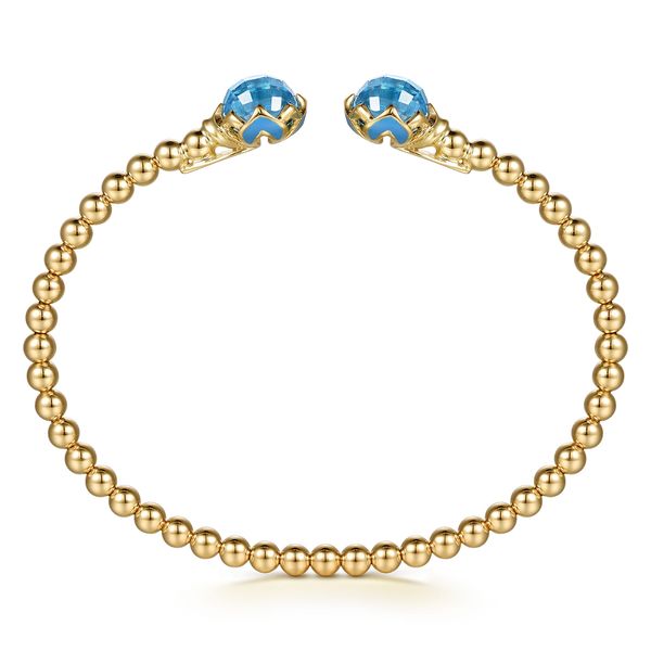 Gabriel & Co. 14K Yellow Gold Bujukan Swiss Blue Topaz Floral Split Bangle with Blue Enamel Image 3 Bradley's Jewelers Jacksonville, NC