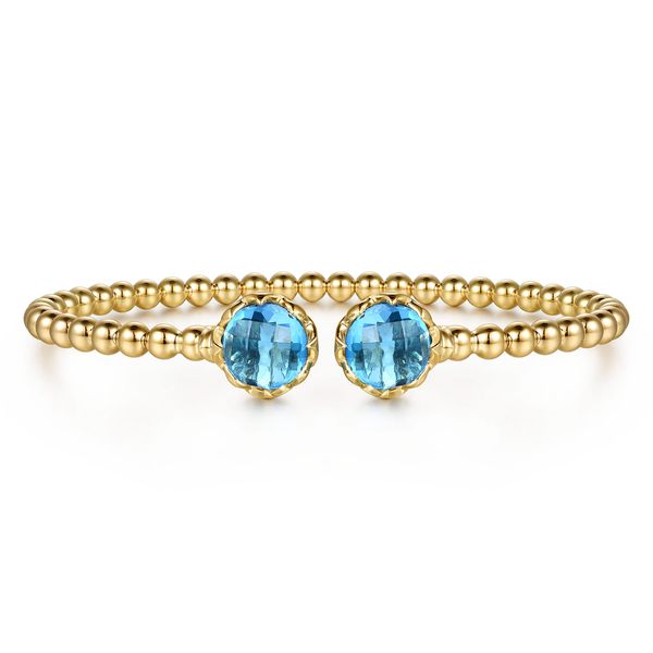 Gabriel & Co. 14K Yellow Gold Bujukan Swiss Blue Topaz Floral Split Bangle with Blue Enamel Bradley's Jewelers Jacksonville, NC