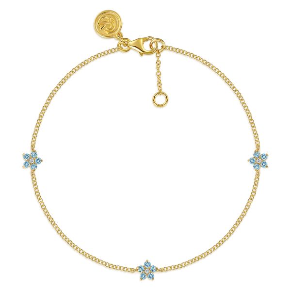 Gabriel & Co. 14K Yellow Gold Blue Topaz & Diamond Floral Station Bracelet Image 2 Bradley's Jewelers Jacksonville, NC