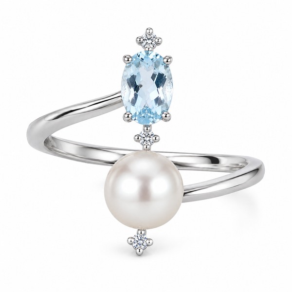 Imperial 14K White Gold Freshwater Pearl, Aquamarine & Diamond Ring Bradley's Jewelers Jacksonville, NC