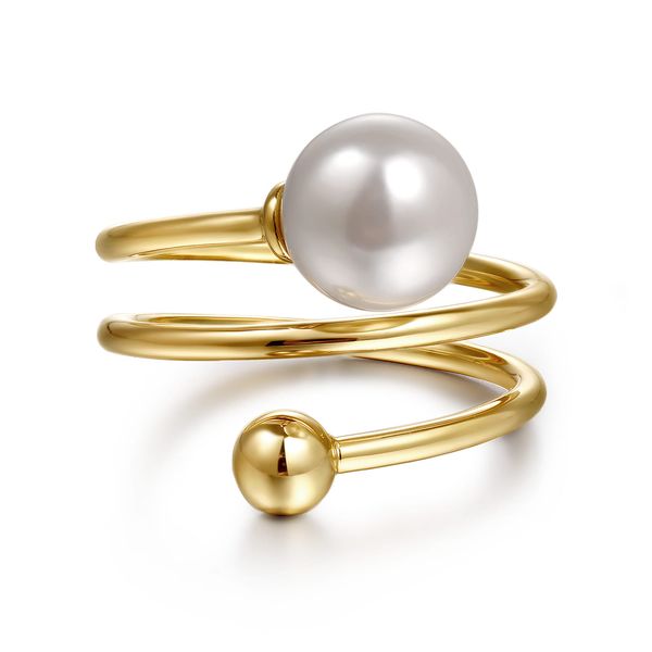 Gabriel & Co 14K Yellow Gold Bujukan Beads & Pearl Bypass Ring – Bujukan Collection Bradley's Jewelers Jacksonville, NC