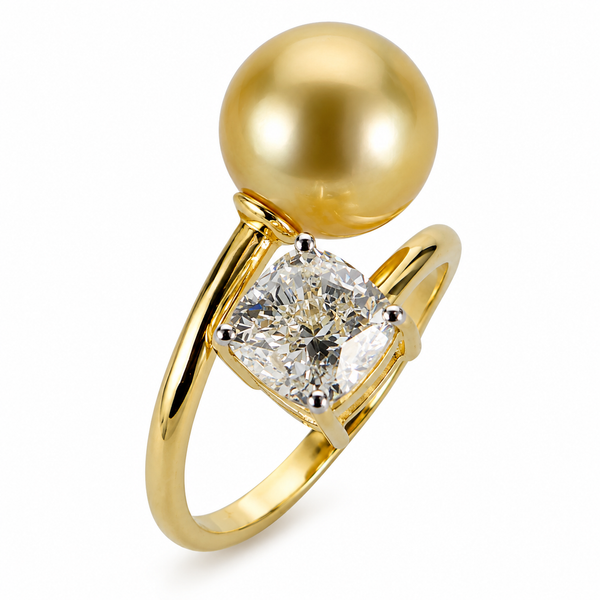 14K Yellow Gold Golden South Sea Pearl and 2.00 CTW Cushion Diamond Ring Bradley's Jewelers Jacksonville, NC