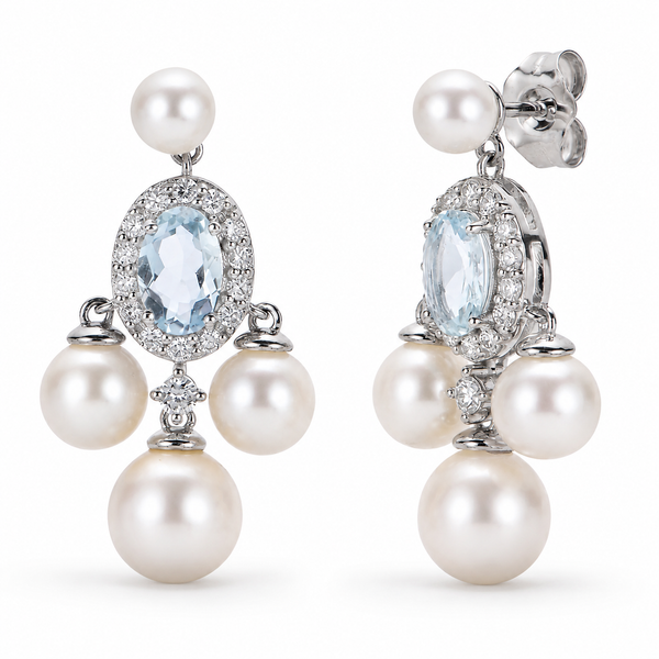 Imperial 14K White Gold Pearl Aquamarine and Diamond Chandelier Earrings Bradley's Jewelers Jacksonville, NC