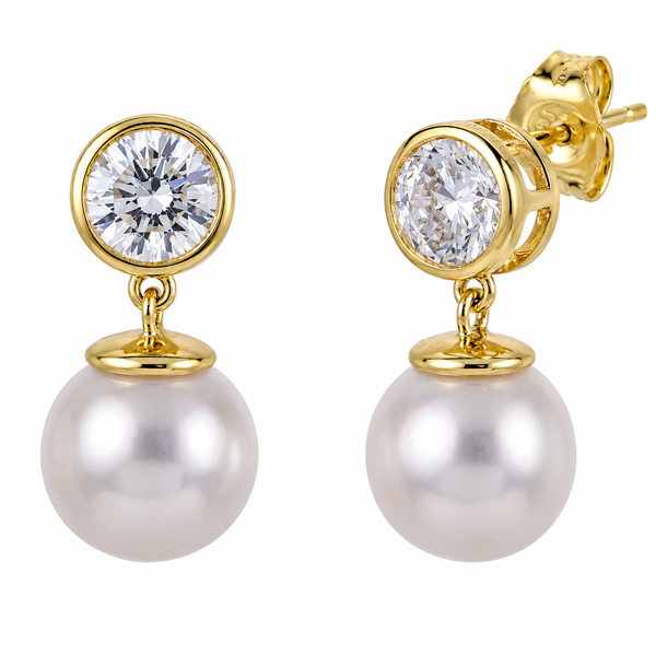 Imperial 14K Yellow Gold Akoya Pearl & Lab Diamond Bezel Earrings Bradley's Jewelers Jacksonville, NC