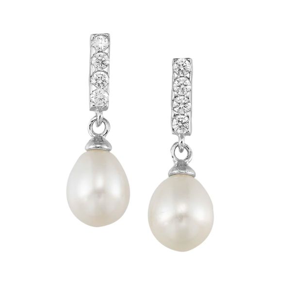 Sterling Silver Freshwater Pearl & CZ Drop Earrings Bradley's Jewelers Jacksonville, NC