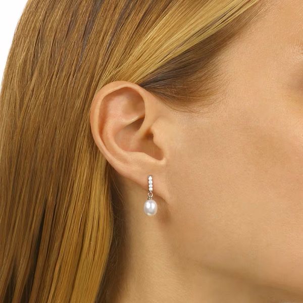 Sterling Silver Freshwater Pearl & CZ Drop Earrings Image 2 Bradley's Jewelers Jacksonville, NC