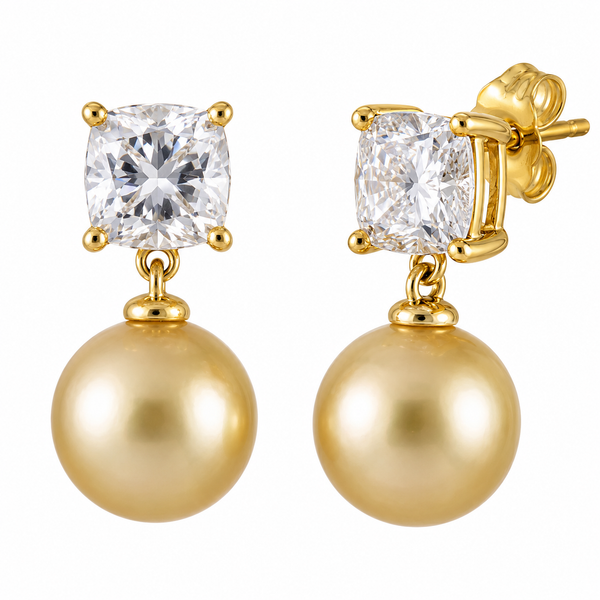 14K Yellow Gold South Sea Pearl and Lab Grown Diamond Earrings 2.00CTW Bradley's Jewelers Jacksonville, NC