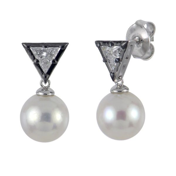 Sterling Silver Stud Earrings with Trillion Diamonds & Freshwater Cultured Pearls Bradley's Jewelers Jacksonville, NC