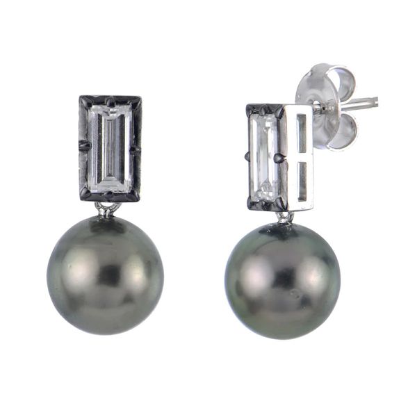 Sterling Silver Tahitian Pearl Stud Earrings with Lab-Grown Baguette Diamonds Bradley's Jewelers Jacksonville, NC