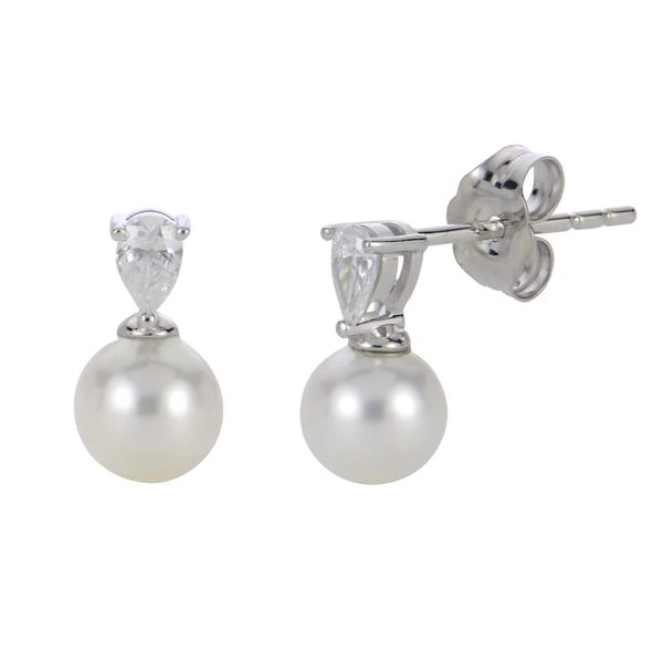 14K White Gold Freshwater Pearl & Lab-Grown Pear Diamond Stud Earrings Bradley's Jewelers Jacksonville, NC