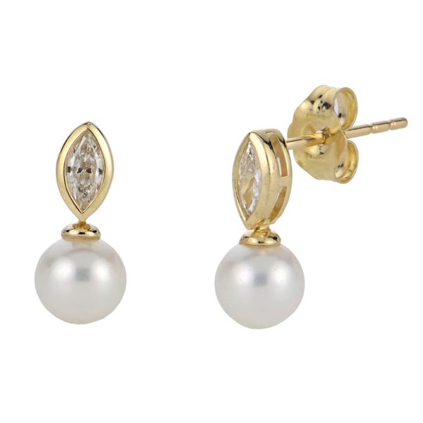 14K Yellow Gold Freshwater Pearl & Lab-Grown Marquise Diamond Stud Earrings Bradley's Jewelers Jacksonville, NC