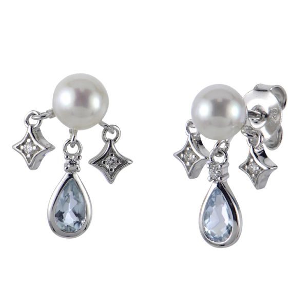 Sterling Silver Freshwater Pearl, Pear Aquamarine & Diamond Stud Earrings Bradley's Jewelers Jacksonville, NC