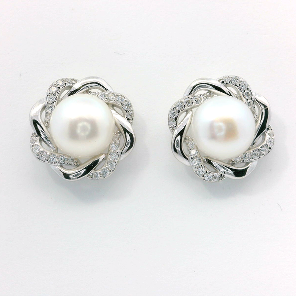 Sterling Silver Twisted Halo Pearl Stud Earrings Bradley's Jewelers Jacksonville, NC